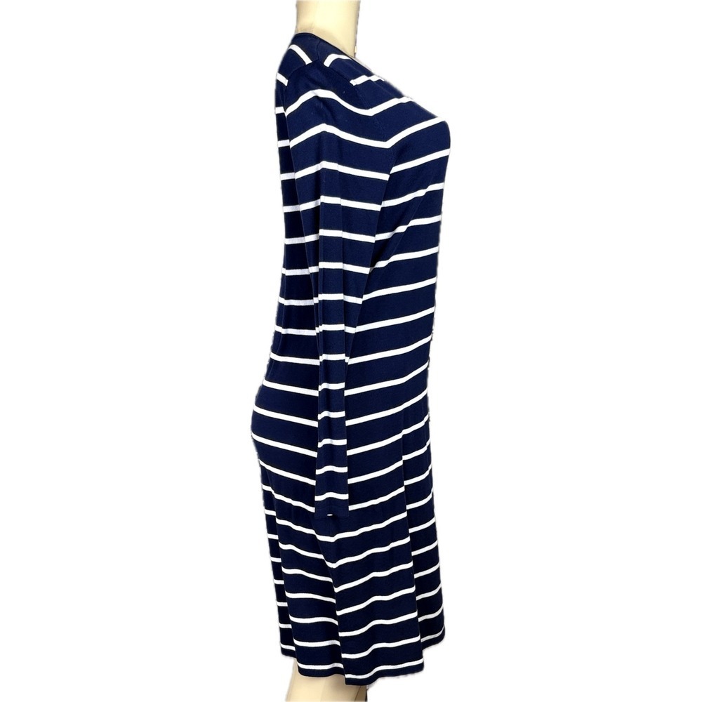 Sail to Sable M Navy White Striped Knit Dress Gold Shoulder Buttons Long Sleeve - Picture 3 of 6